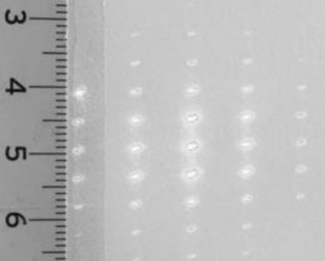 Nahaufnahme: Lineal (cm) links, rechts transparente Folie mit regelmäßigen kleinen ovalen Löchern